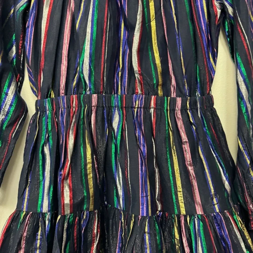Girls' Puff-sleeve Dress In Metallic Rainbow Stripe Size 14